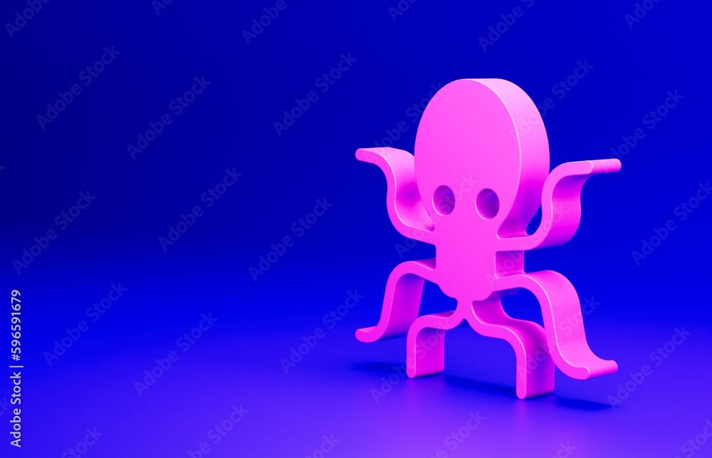 Pink Octopus icon isolated on blue background. Minimalism concept. 3D render illustration