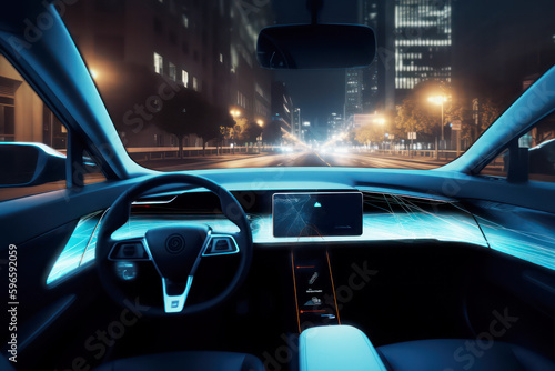 Inside the autonomous car driving through the city. Futuristic technology. Generative AI © Photocreo Bednarek