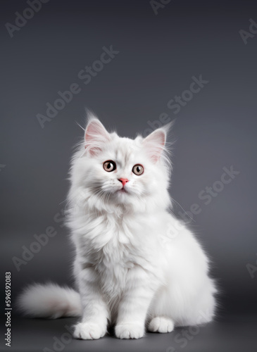 Cute cat, a white kitten posing in a studio against a gray background. Generative AI