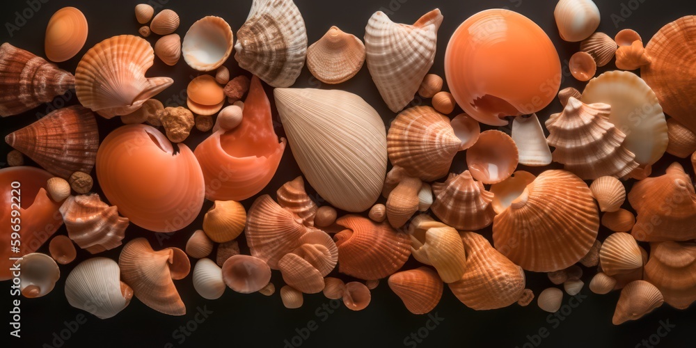Top down close up view of background knolling with orange seashells and corals Top down close up view of background knolling with orange seashells and corals