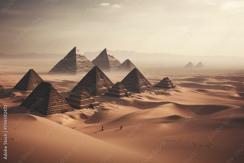 Egyptian pyramids in Africa's sand dunes. Generative AI - obrazy, fototapety, plakaty 