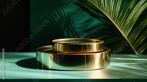 Two layers of shiny steel gold round podium on brown table counter in dappled sunlight, leaf shadow on mint green wall background for luxury beauty - Generative AI