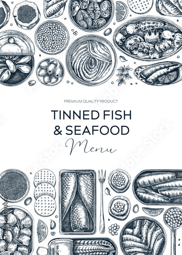 Canned fish frame design. Seafood background with hand-drawn sardines, anchovy, mackerel, tuna, mussels in tin cans, fish canapes drawings. Healthy food banner, flyer, card. Tinned fish sketch
