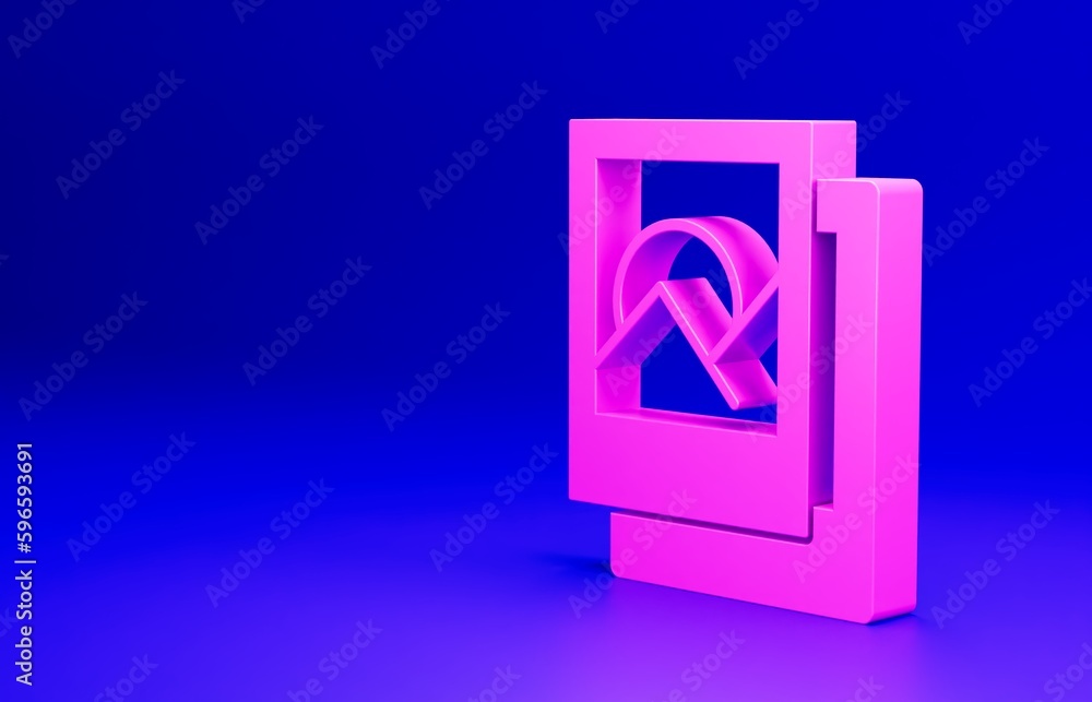 Pink Photo frame icon isolated on blue background. Vintage empty photos frame. Minimalism concept. 3D render illustration