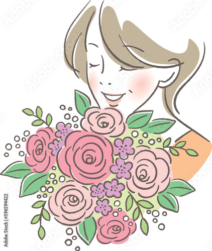 ベクター, ブーケ, 花, 花束, フラワーアレンジメント, 女性, 女, かわいい, ライフスタイル, ビューティー, おしゃれ, イラスト, リボン, 植物, イメージ, 花びら, ローズ, フローラル, デコレーション, フラワー, バラ, 薔薇, プレゼント, 母の日, 誕生日, 贈り物, 感謝