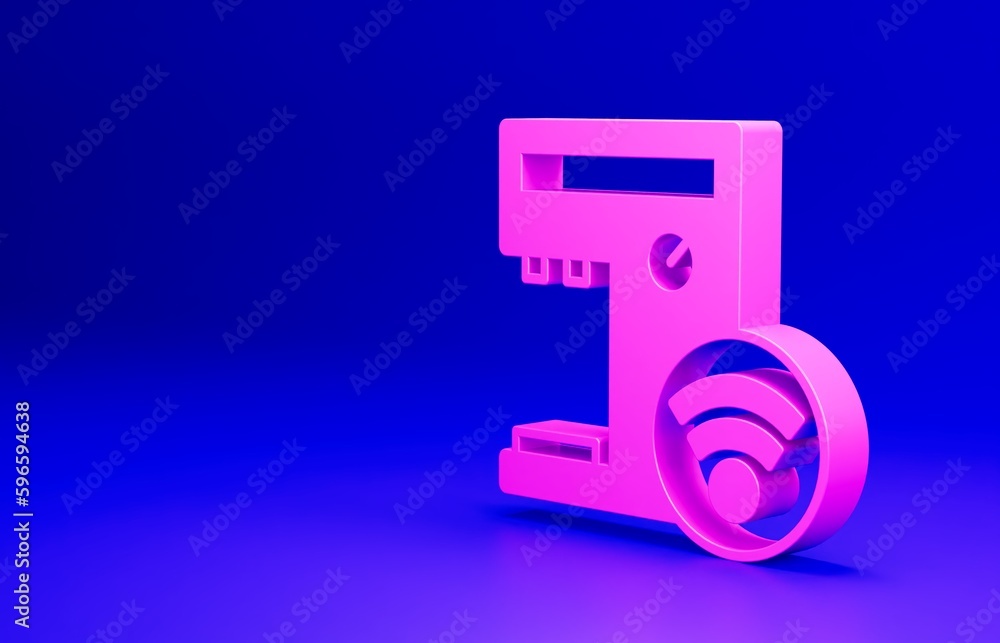 Pink Smart coffee machine system icon isolated on blue background. Internet of things concept with wireless connection. Minimalism concept. 3D render illustration Pink Smart coffee machine system icon isolated on blue background. Internet of things concept with wireless connection. Minimalism concept. 3D render illustration