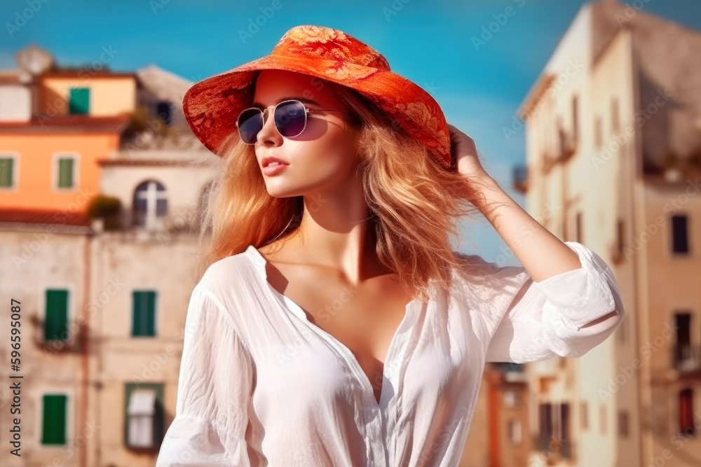 Beautiful Woman portrait,  boho redhaired model , fashion style, summer hat and sunglasses,   Italy city location. Ai generative