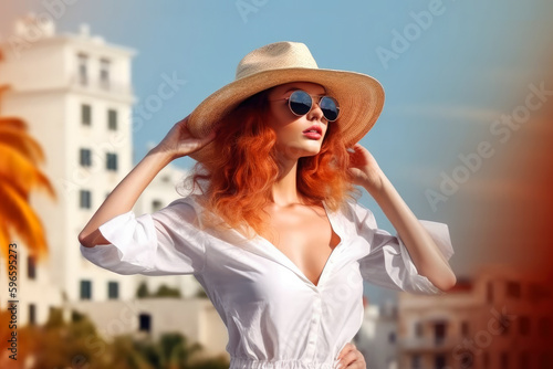 Beautiful Woman portrait, boho redhaired model , fashion style, summer hat and sunglasses, Italy city location. Ai generative