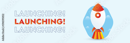 We are launching soon. Startup rocket launch with fire. New business announcement cover featuring a rocket launching with fire. We are coming. Join now to learn more. Banner for company launch. Vector