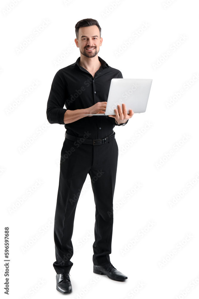 Handsome businessman working with laptop on white background Handsome businessman working with laptop on white background