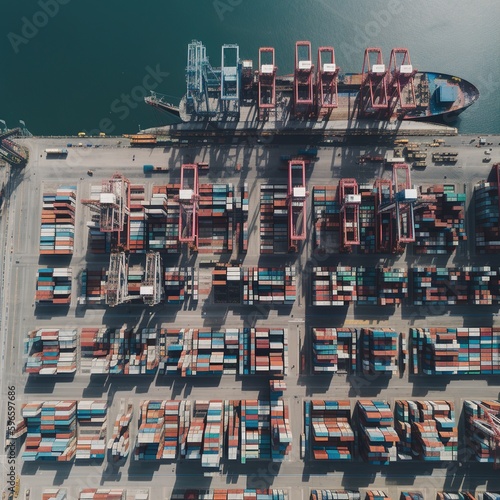 Container ships are used in import and export as well as commercial logistics.Crane, Trade Port, Shipping, and Cargo to Harbor. Transportation on a global scale. generative ai