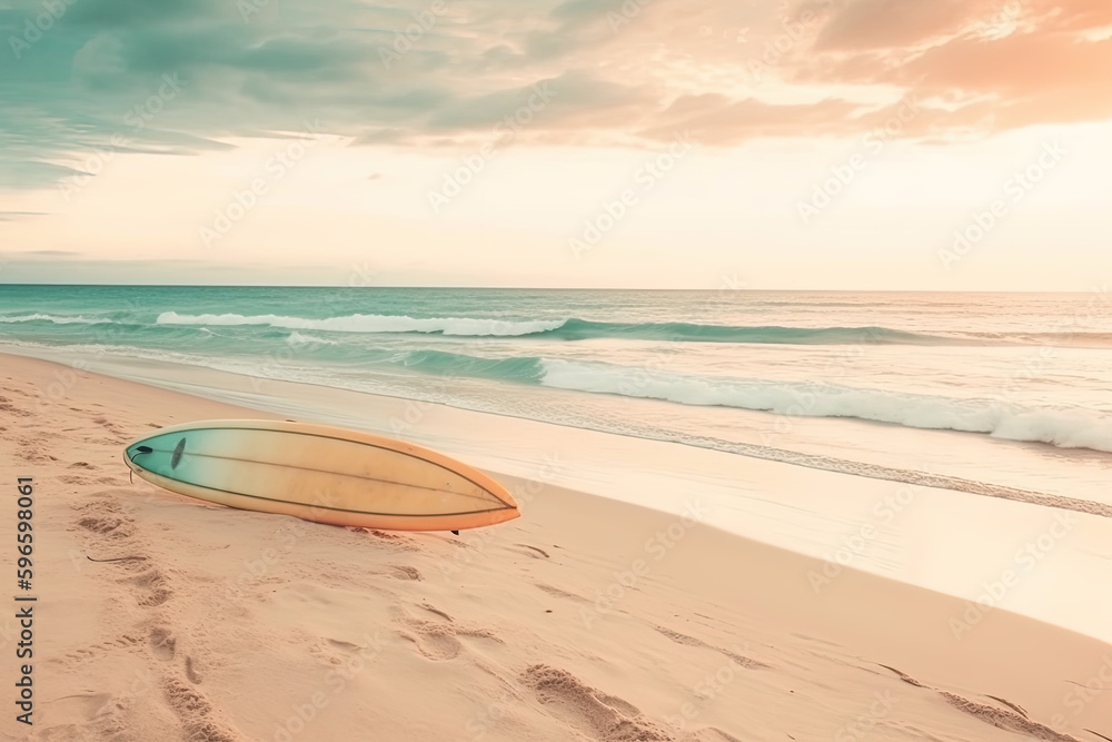 Surfboards at Rest: Awaiting the Next Wave-Chasing Adventure on the Beach. Generative AI