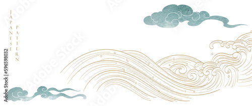 Japanese background with Chinese cloud and blue watercolor texture painting element vector. Hand drawn natural wave pattern with ocean sea decoration banner design in vintage style. Marine template.