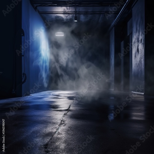 abstract dark blue background, empty dark scene, neon light, spotlights The concrete floor and studio room with smoke float up the interior texture for display products. generative ai