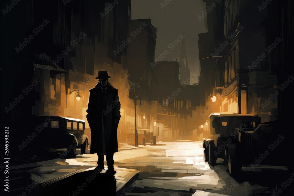 Expressionistic street scene at night, featuring a lone figure with a fedora hat and long coat standing under a streetlamp with an eerie glow. Generative AI