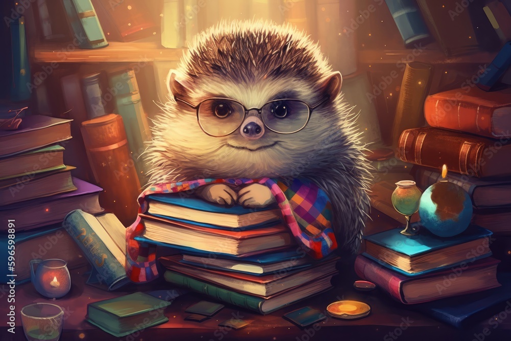 Illustration cartoon. Hard edge painting. Charming hedgehog wearing a tiny bow tie, surrounded by books in a cozy library. Generative AI