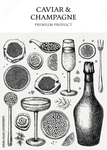 Caviar and champagne vintage design. Hand drawn menu template with red caviar canape, canned black caviar, sparkling wine bottle, glasses sketches. Seafood background in retro style