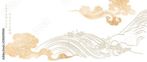 Japanese background with Chinese cloud and brown watercolor texture painting element vector. Hand drawn natural wave pattern with ocean sea decoration banner design in vintage style. Marine template.