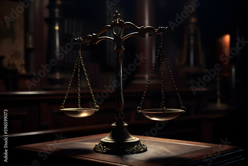 Scales of Justice in the dark Court Hall. Blurred background, defocused bokeh. Symbol of the measure of a case's support and opposition in a court of law. Image is AI generated.