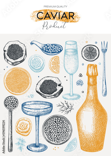 Caviar and champagne hand drawn illustration in color. Hand drawn menu design with red caviar canape, canned black caviar, sparkling wine bottle, glasses sketches. Seafood background
