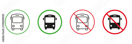Bus Station Red and Green Road Warning Sign. School Shuttle Pictogram. City Public Transport Permit and Not Allowed Traffic Signs. Trip Bus Line and Silhouette Icons Set. Isolated Vector Illustration