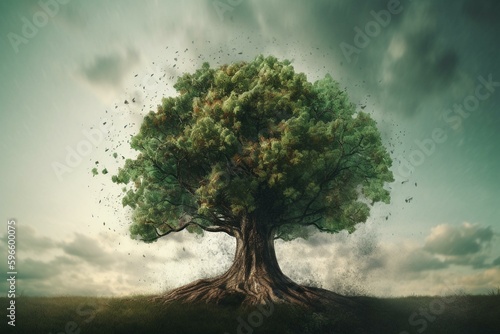 Conceptual image of Alzheimer s disease with a tree and green sky. Generative AI
