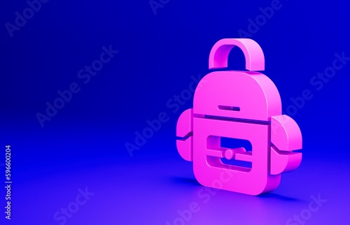 Pink School backpack icon isolated on blue background. Minimalism concept. 3D render illustration