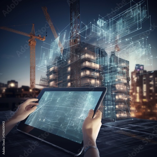 architect analyzing of under construction project with technology and new innovative on digital tablet and icon network of construction on virtual interface. generative ai