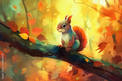 Illustration cartoon. Hard edge painting. Playful little squirrel perched on a tree branch  with autumn leaves in the background and a warm. Generative AI