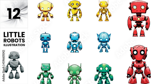 Collection of 12 Colorful Little Robot Characters in Different Designs and Color