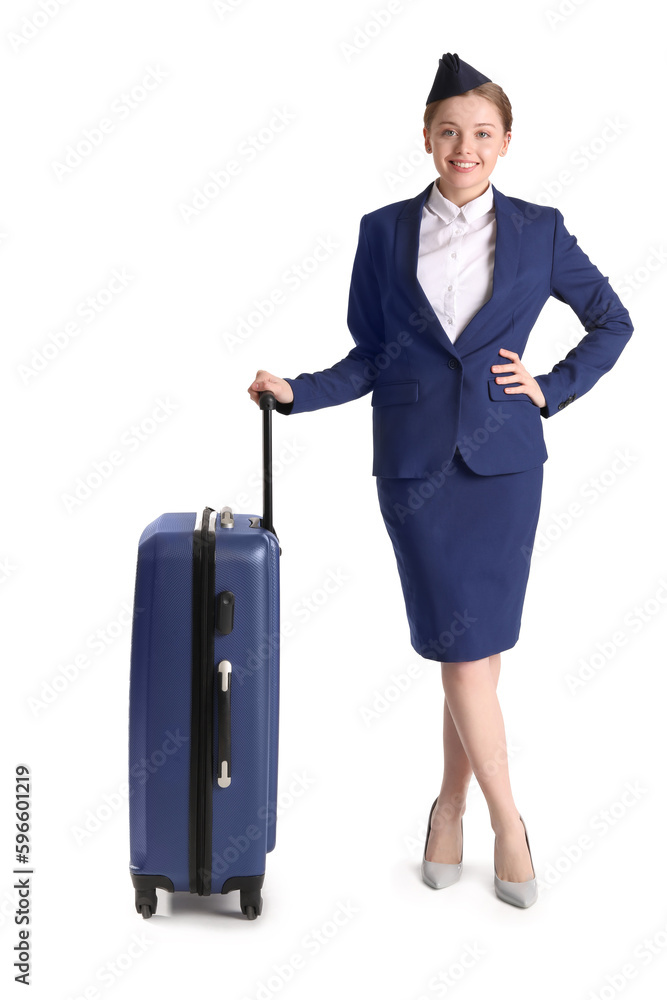 Beautiful stewardess with suitcase on white background Beautiful stewardess with suitcase on white background