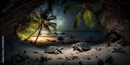 Turtle on the night beach. Created with generative Ai technology. © uladzimirzuyeu