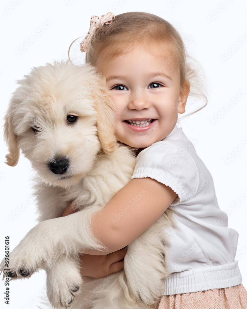 Innocent Love: Toddler Hugging Dog. Isolated on White Background Innocent Love: Toddler Hugging Dog. Isolated on White Background