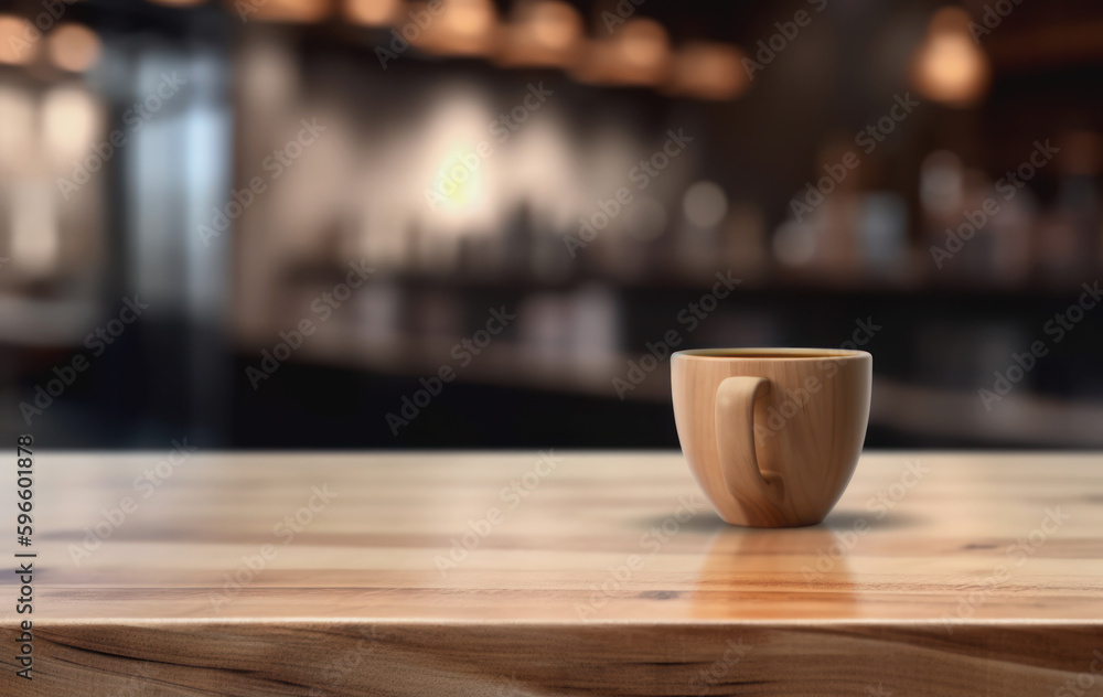 Wooden board empty table top and blur interior coffee shop Background.Generative AI. Wooden board empty table top and blur interior coffee shop Background.Generative AI.