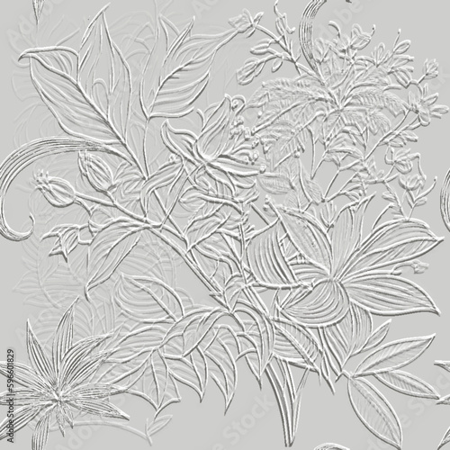 3d embossed lines floral seamless pattern. Textured beautiful flowers relief background. Repeat emboss white backdrop. Art. Surface leaves, flowers. 3d line art flowers ornament with embossing effect