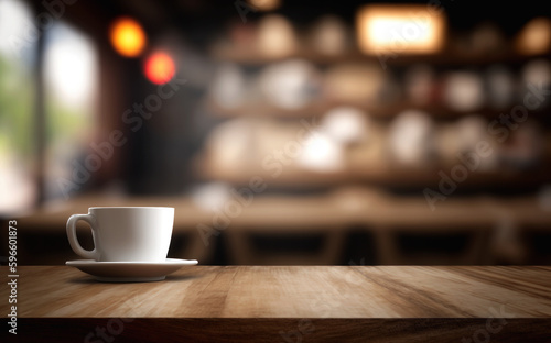 Wooden board empty table top and blur interior coffee shop Background.Generative AI.