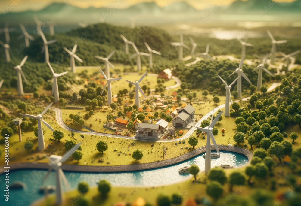 A green field with windmills environmental technology concept. Generative AI.