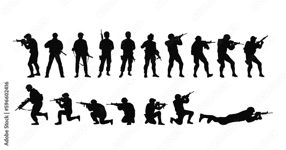 Soldier, army silhouettes.  Army soldiers with gun silhouette 
