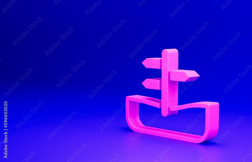Obraz premium Pink Road traffic sign. Signpost icon isolated on blue background. Pointer symbol. Isolated street information sign. Direction sign. Minimalism concept. 3D render illustration