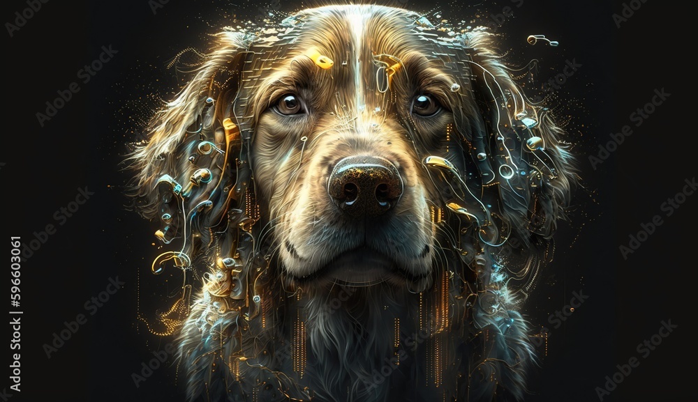 Digital dog with codes, wires and programmes in head. Digital designer art. Abstract surreal illustration. A dog with a circuit board on its head. 3D render. Created with AI tools