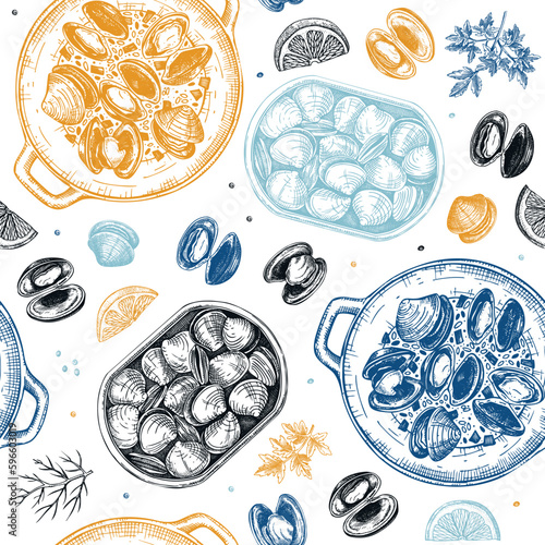 Hand drawn cooked clam shells with herbs seamless pattern. Seafood background in color. Vector package, banner,  menu, recipe design template. Edible marine mollusks sketches.