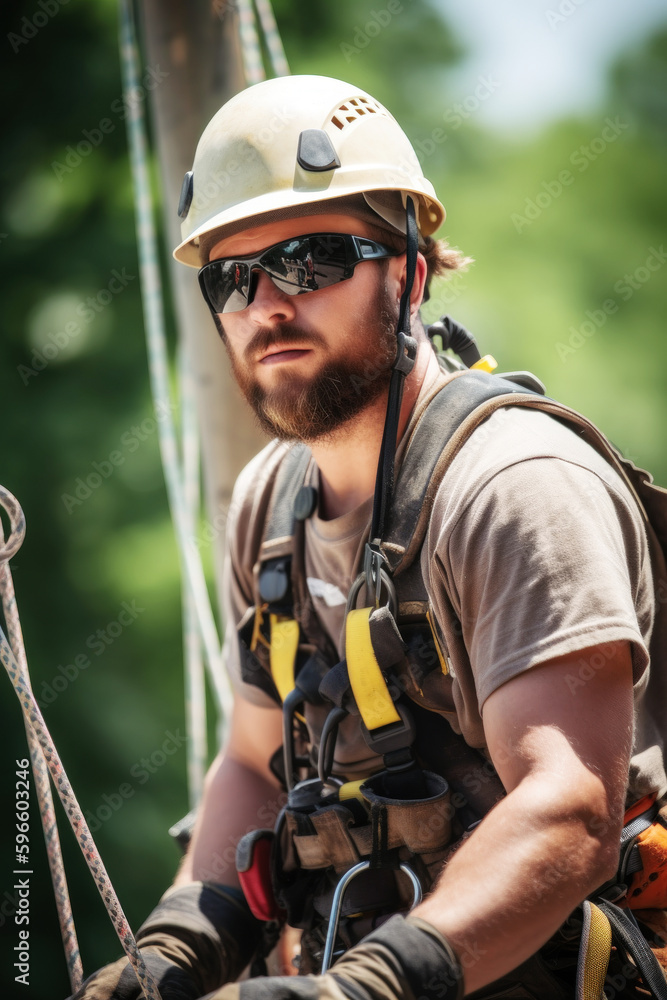 Fototapeta premium On a sunny day, a skilled 32-year-old electrician confidently works an electricity pole, wearing his vest and helmet. His expertise shine through in this captivating portrait. Generative AI