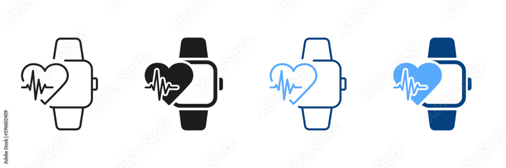 Heart Pulse Control in Smartwatch Line and Silhouette Icon Set. Smart Watch Technology for Sport Pictogram. Heartbeat Rate App in Fitness Bracelet Symbol Collection. Isolated Vector Illustration Heart Pulse Control in Smartwatch Line and Silhouette Icon Set. Smart Watch Technology for Sport Pictogram. Heartbeat Rate App in Fitness Bracelet Symbol Collection. Isolated Vector Illustration