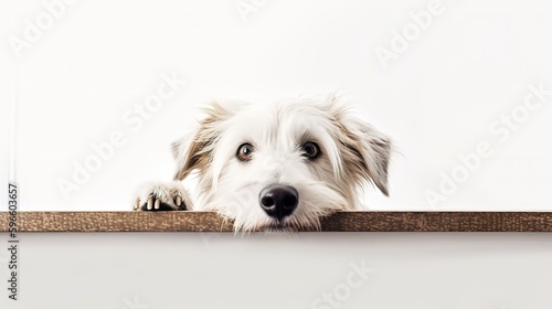 Fotografiet Curious puppy or dog or game of hide and seek with pet