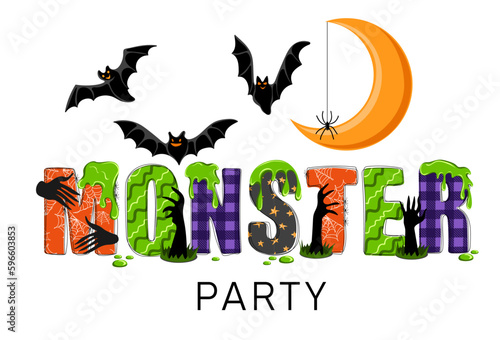 Monster party. Hand drawn doodle text with green slime, moon, bat, spider and zombie hands. Holiday design for poster, banner, t shirt, card, flyer, invitation. Vector illustration