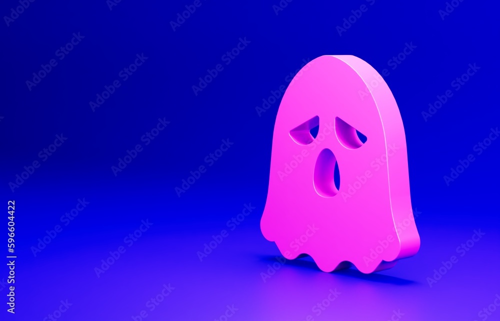 Obraz premium Pink Ghost icon isolated on blue background. Happy Halloween party. Minimalism concept. 3D render illustration