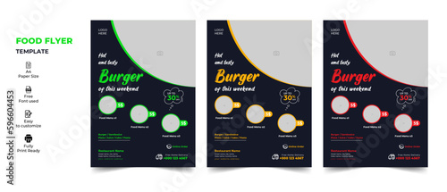 Fast Food Flyer Design Template cooking, cafe and restaurant menu, food ordering, junk food. Pizza, Burger, French fries and Soda. Vector illustration for banner, poster, flyer, cover, menu, brochure.