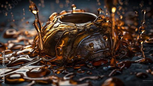 Pouring molten metal. Colorful orange splashes of hot iron. Fluid metal texture background. Generative AI. 