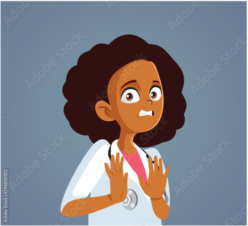 Doctor Pushing Away Feeling Pressured Vector Cartoon Illustration. Stressed general practitioner feeling in danger making defensive gesture 
