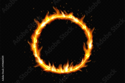 
Golden circle with fire effects.Frame for advertising.Realistic fire ring.Vector.